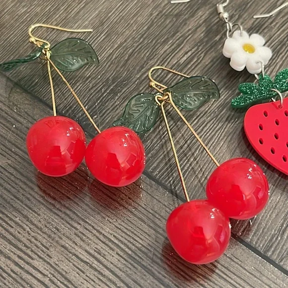 Red Cherry and Strawberry Earrings Set - Picture 3 of 14